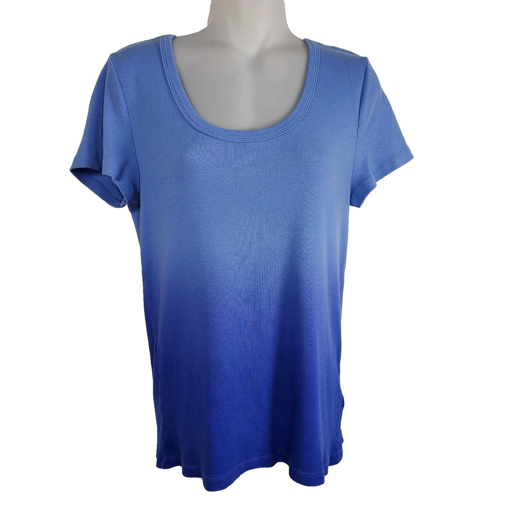 Talbots Womens Ribbed Scoop Neck Tee Dip Dye Ombre Blue Size Large Short Sleeve